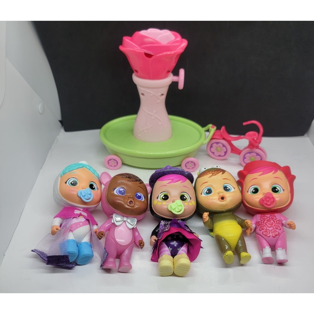 Misc Lot Of 5 IMC Cry Babies Dolls And Rose Bicycle And Cart